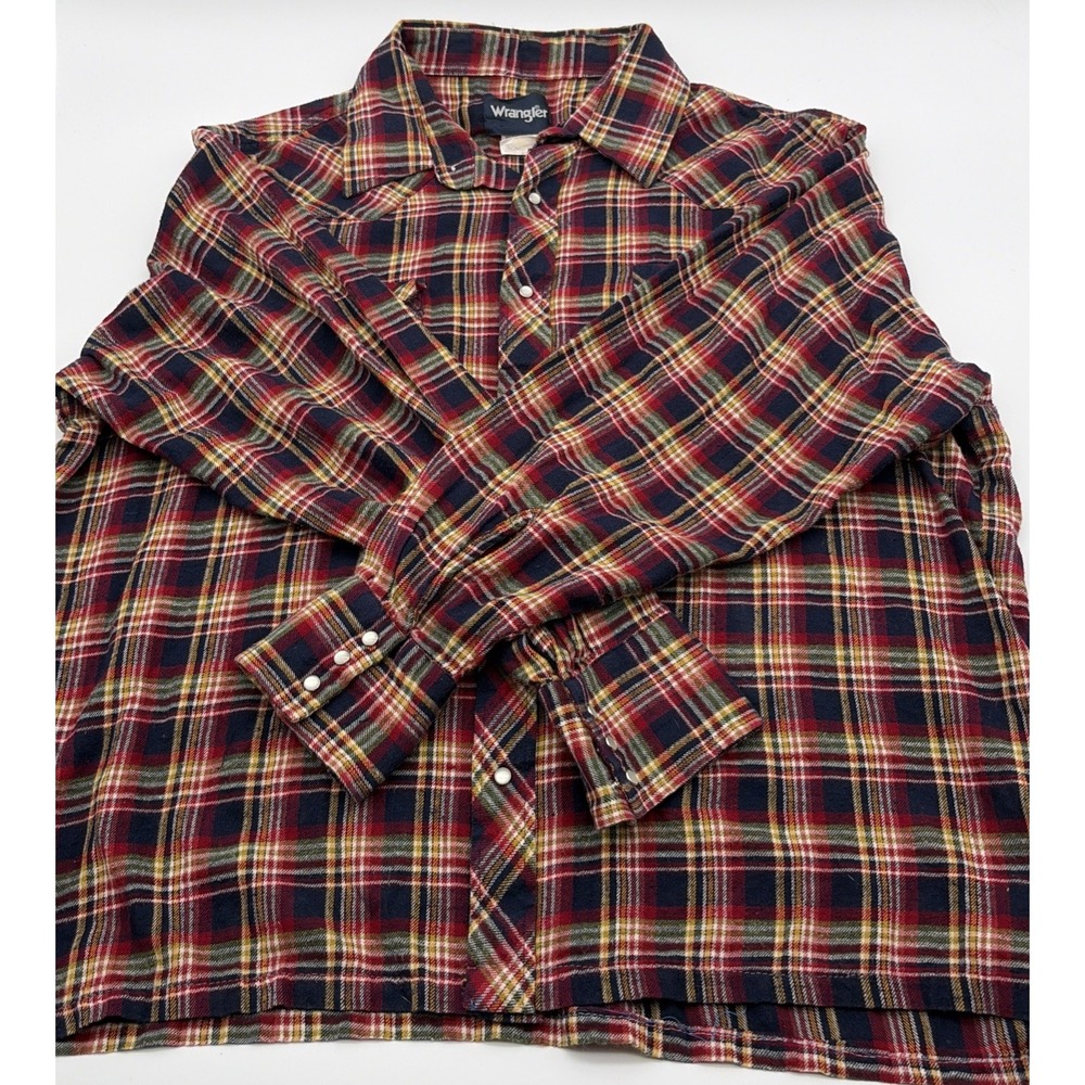 Wrangler Mens XXL 2XL Western Flannel Shirt Pearl Snap Plaid Red Navy Cotton